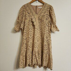 By Flow Mini Dress Eyelet Embroidered Lace Beige V Neck Zip Ruffle Feminine Edgy